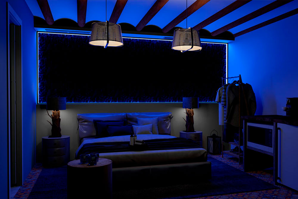 Dormitorio con efecto luz led